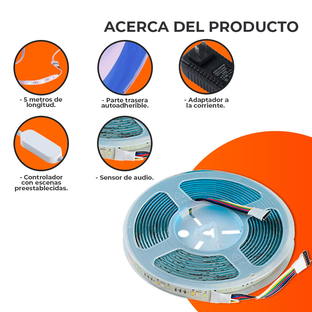 TIRA LED TECNOLITE 15W LUZ RGB Y BLANCA DE INTERIOR COMPATIBLE CON APP MÓVIL Y ASISTENTES DE VOZ