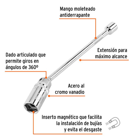 DADO P/BUJIA 13/16" ARTICULADO C/EXTENSION CUADRO 3/8" LARGO 10" 16897 D-3826-BE10 TRUPER