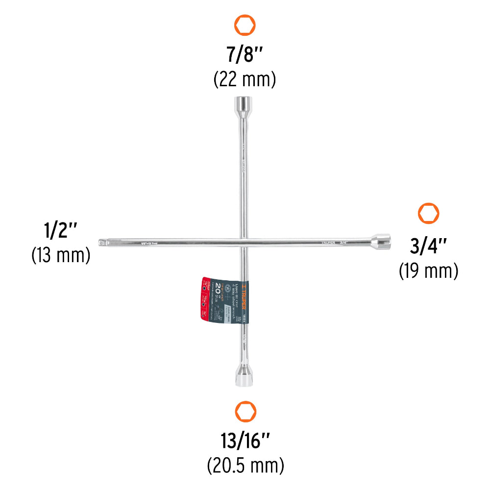 LLAVE CRUZ P/AUTO 20" C/ENTRADA P/DADO 1/2" (TAM. BOCAS 3/4"-13/16"-7/8"-1/2") LLCR-20D 18024 TRUPER