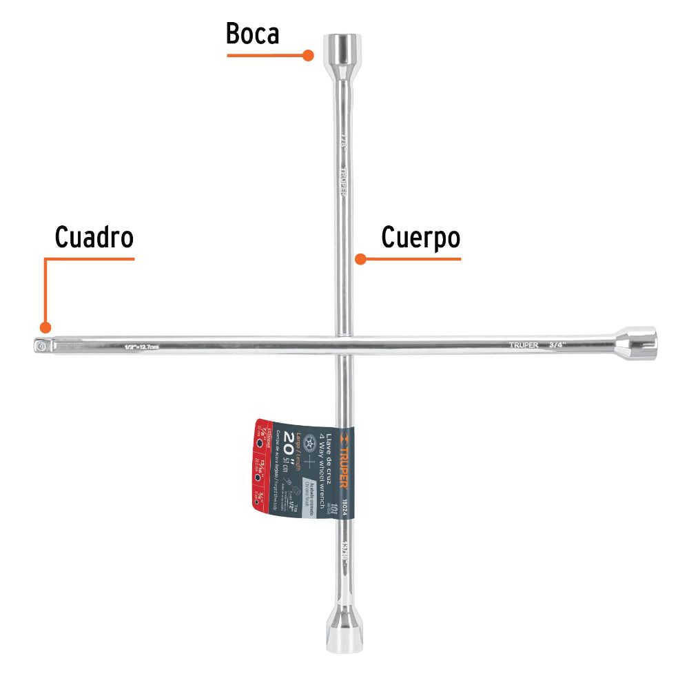 LLAVE CRUZ P/AUTO 20" C/ENTRADA P/DADO 1/2" (TAM. BOCAS 3/4"-13/16"-7/8"-1/2") LLCR-20D 18024 TRUPER