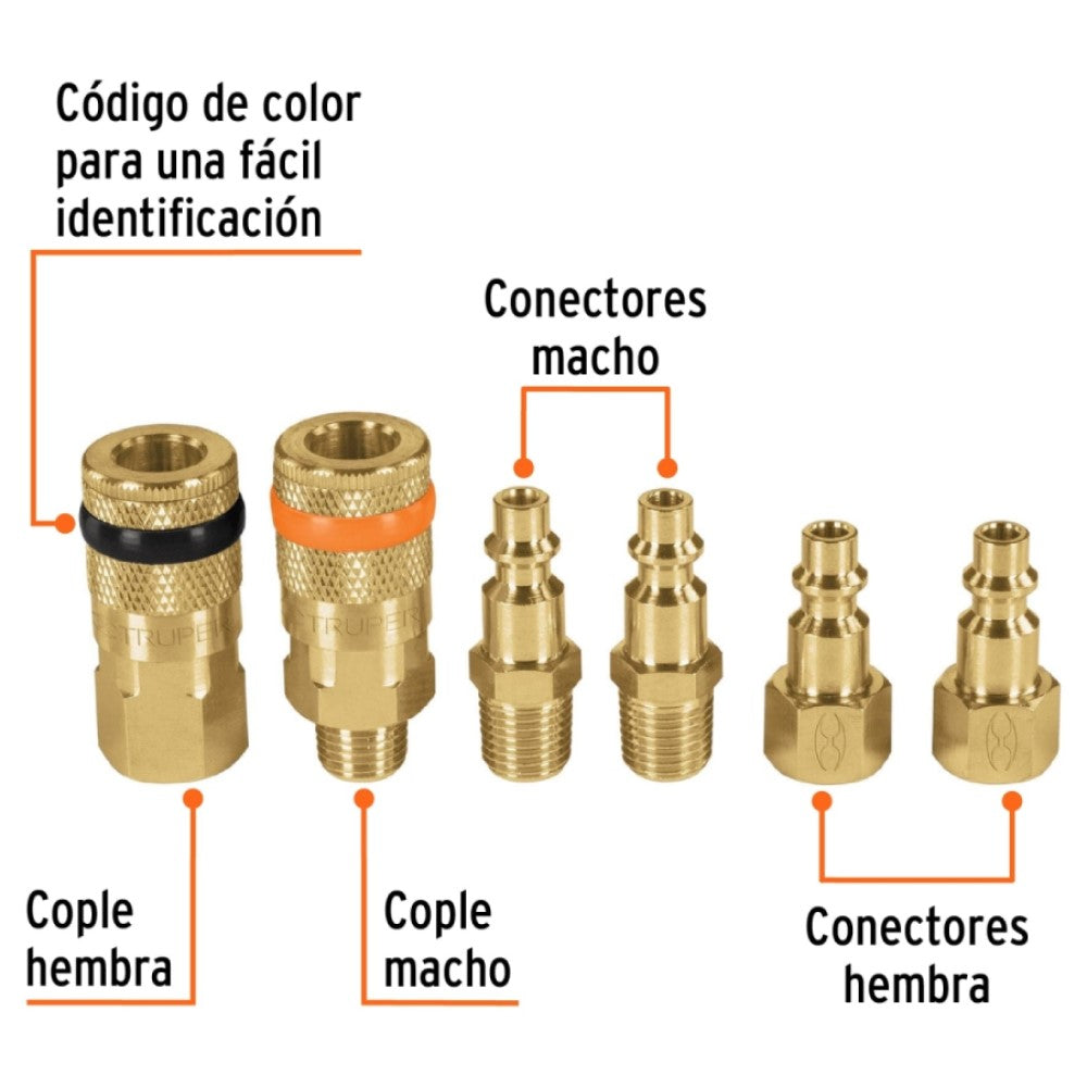 JUEGO DE 4 CONECTORES Y 2 COPLES PARA COMPRESOR DE AIRE MCA TRUPER