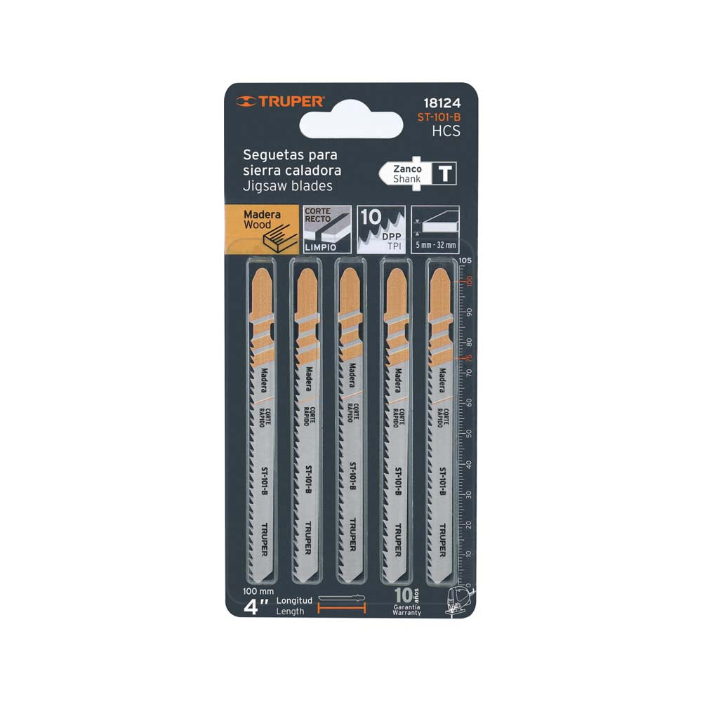 EMPAQUE 5 SEGUETAS ZANCO "T" 4" (10CMS.) 10DPP CORTE LIMPIO PARA MADERA ST-101-B 18124 TRUPER