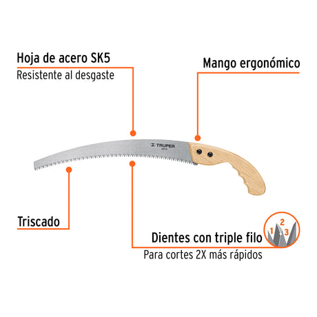SERRUCHO DE PODA 14" HOJA CURVA 6 DPP MANGO MADERA