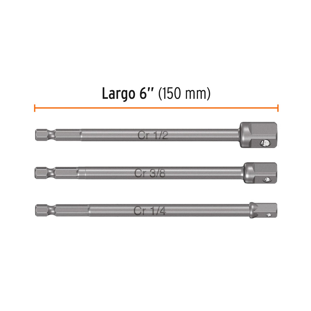 JGO. 3 ADAPTADORES LARGOS P/DADOS 1/4"-3/8"-1/2" ADA-3L 19599 TRUPER