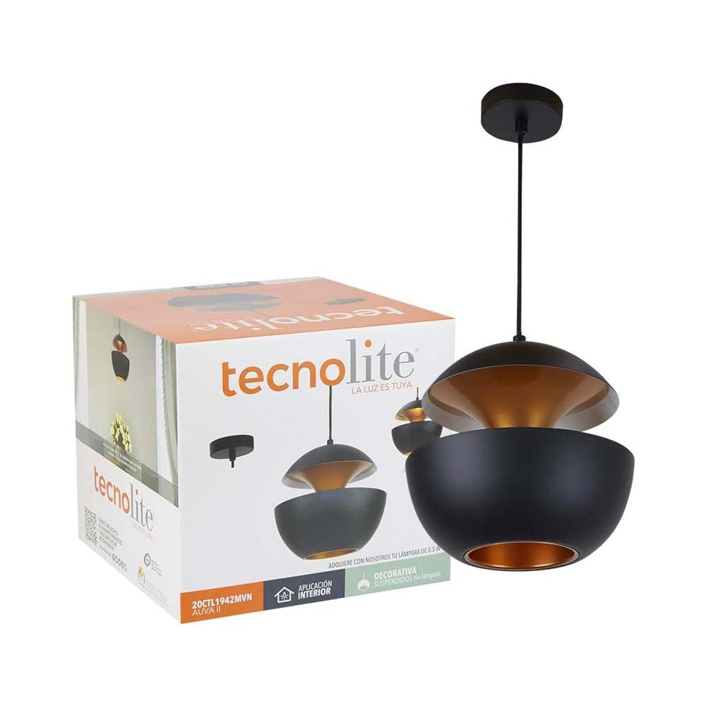 COLGANTE METÁLICO TECNOLITE AUVA II BASE E27 NEGRO CON INTERIOR DORADO ***HAE 2024***