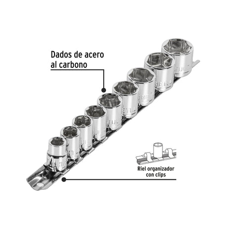 JGO. 9 DADOS 6 PUNTAS STD. 3/8" - 7/8" 21185 JD-3/8X10SAE-P TRUPER PRETUL