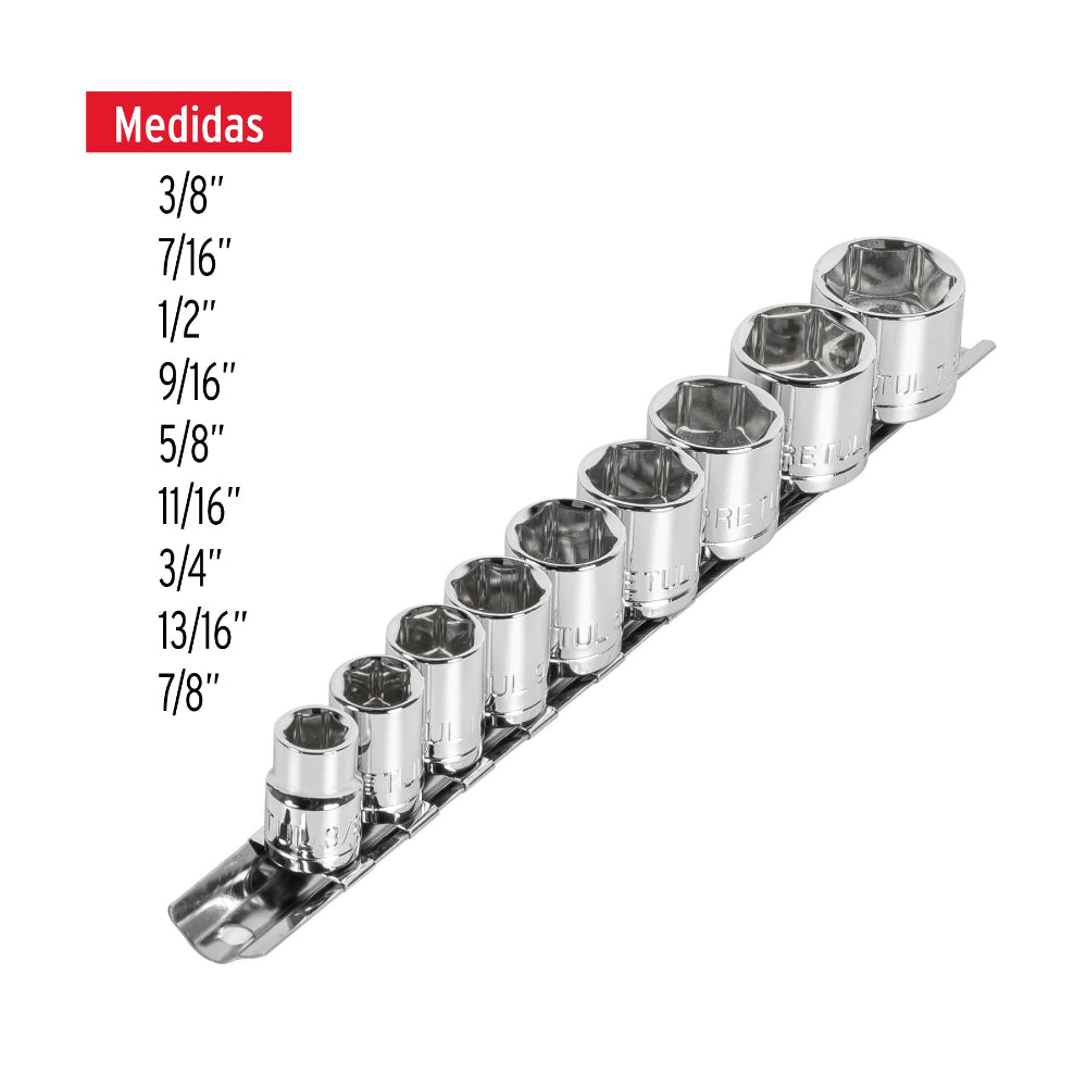 JGO. 9 DADOS 6 PUNTAS STD. 3/8" - 7/8" 21185 JD-3/8X10SAE-P TRUPER PRETUL