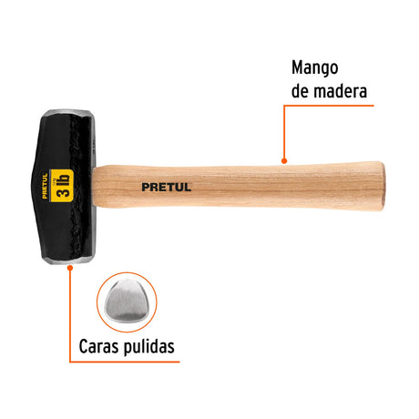 MARRO TIPO NEVADA 3 LB.(1.3KG.) MANGO DE MADERA 10 3/4" (27CMS.) DHT-3P 22216 TRUPER PRETUL