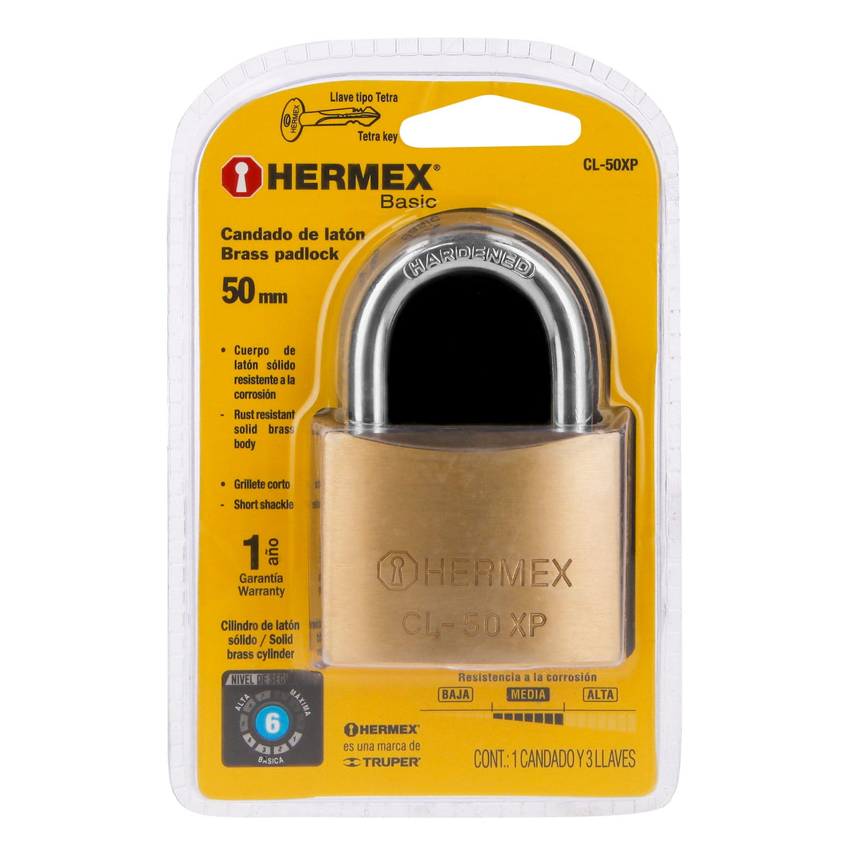 CANDADO DE LATON 50MM LLAVE TETRA BLISTER HERMEX BASIC MCA TRUPER