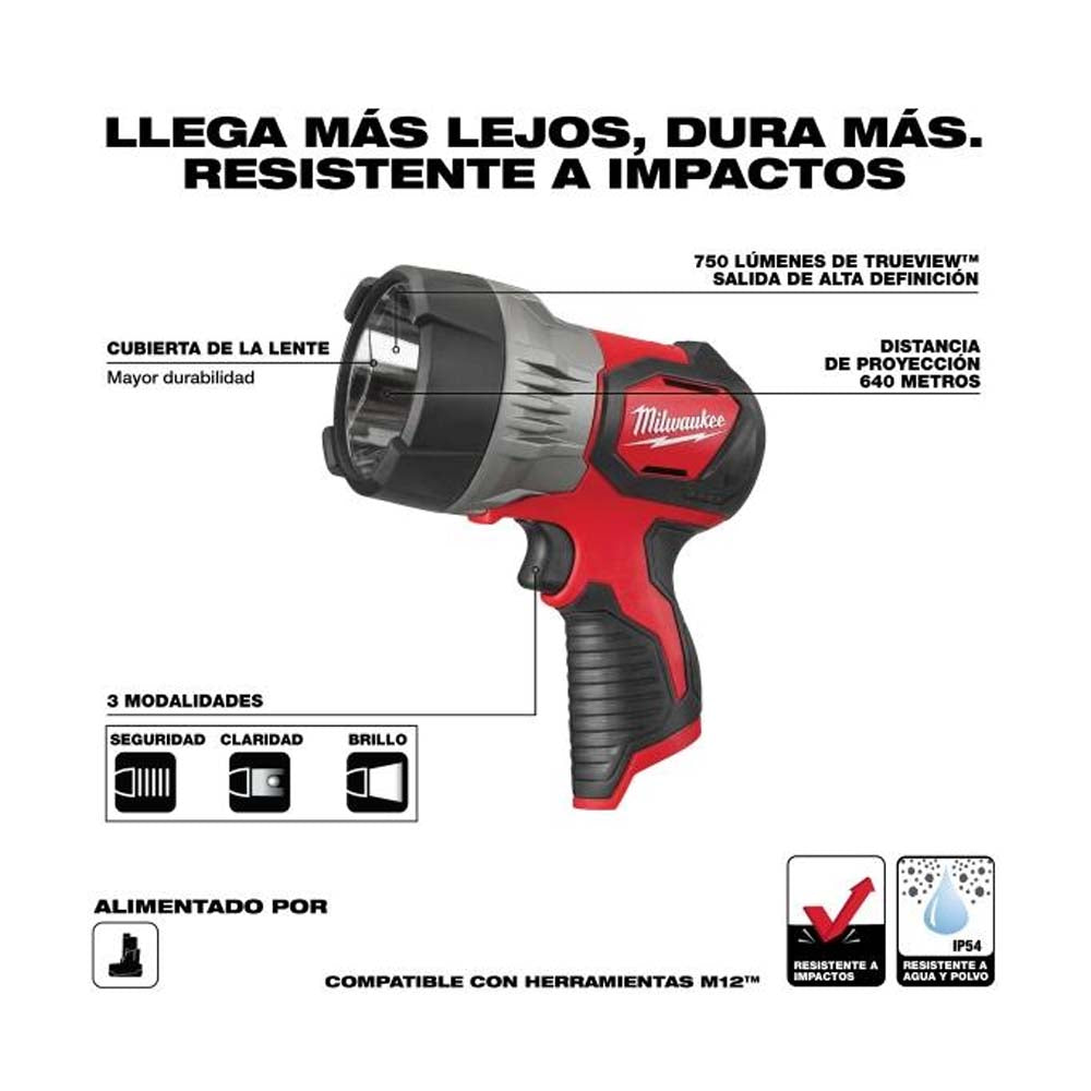 LINTERNA DE MANO LED TIPO PISTOLA 750 LUMENES M12 (NO INCLUYE BATERIA 48112401) MILWAUKEE