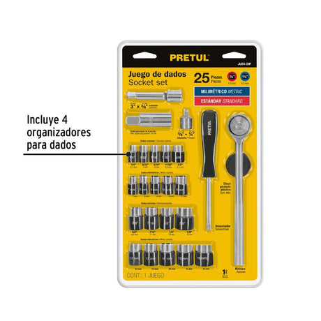 JGO. DADOS CUADRO 1/4" Y 3/8" 25PZS. PRETUL