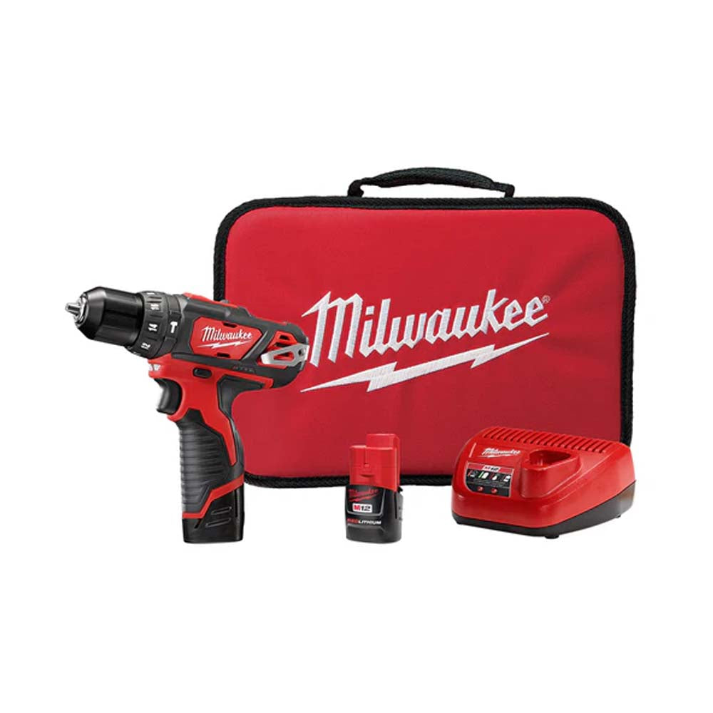 KIT TALADRO PERCUTOR / DESTORNILLADOR 3/8" M12: 2 BATERIAS 12V. 1.5AMP M12 CARGADOR DE BATERIA M12 GANCHO PARA CINTURON BOLSO PARA CONTRATISTA MILWAUKEE