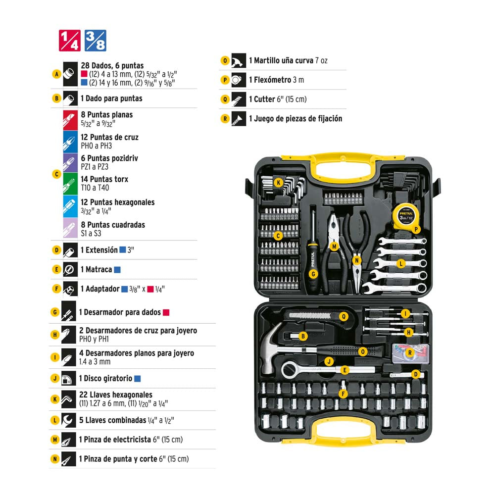 JGO. 133 HERRAMIENTAS CUADRO 1/4" Y 3/8" P/MECANICO C/ESTUCHE SET-133 24223 TRUPER PRETUL