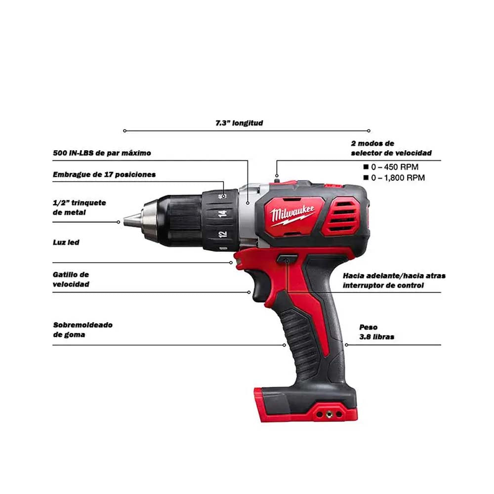 KIT TALADRO / DESTORNILLADOR COMPACTO 1/2" CON CARBONES M18: 2 BATERIAS 18V. 1.5AMP M18 CARGADOR DE BATERIA MULTIPLE M12 Y M18 ESTUCHE DE TRANSPORTE MILWAUKEE