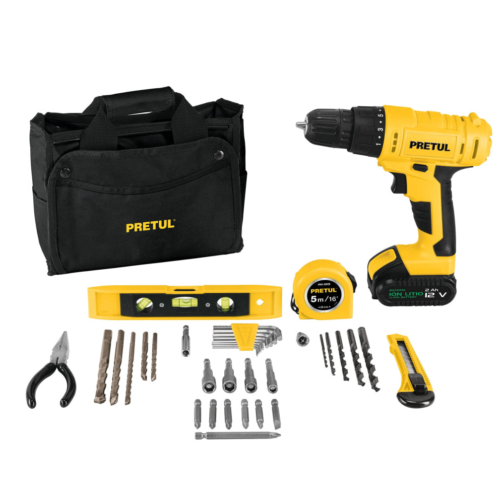 TALADRO INHALAMBRICO 3/8 12V Y KIT CON 35 ACCESORIOS PRETUL ***HAE2025***