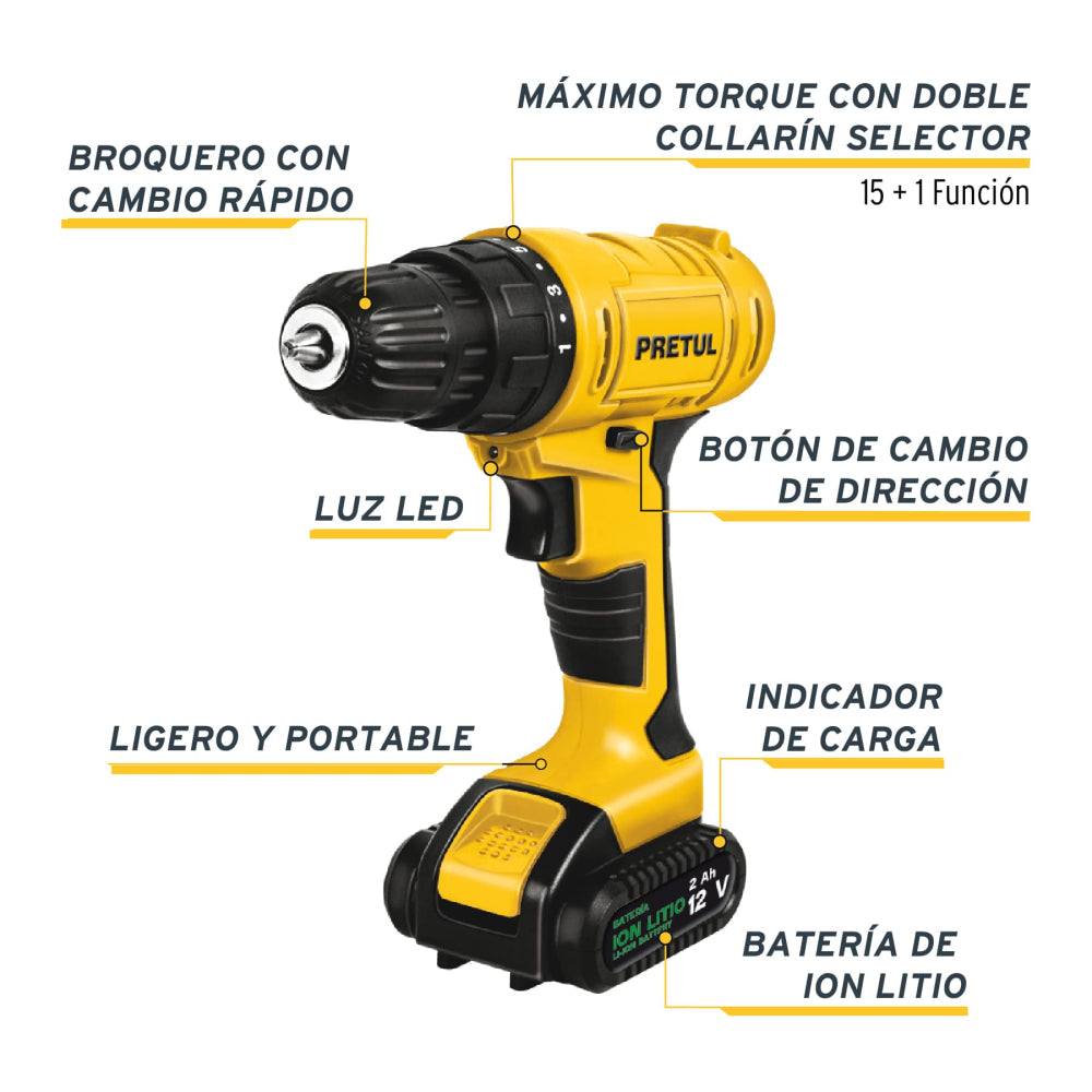 TALADRO INHALAMBRICO 3/8 12V Y KIT CON 35 ACCESORIOS PRETUL ***HAE2025***