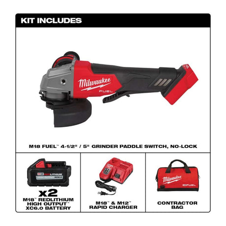 KIT ESMERILADORA ANGULAR 4-1/2"/5" M18 FUEL: 2 BATERIAS 18V. 6AMP M18 CARGADOR DE BATERIA RAPIDO MULTIPLE M12 Y M18 PROTECCION T27 PROTECCION T1 MANGO LATERAL LLAVE TUERCA CON REDOBLE MILWAUKEE