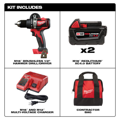 KIT TALADRO PERCUTOR / DESTORNILLADOR 1/2" FUEL M18: 2 BATERIAS 18V. 4AMP M18 CARGADOR DE BATERIA MULTIPLE M12 Y M18 MANGO LATERAL GANCHO PARA CINTURON ESTUCHE DE TRANSPORTE MILWAUKEE