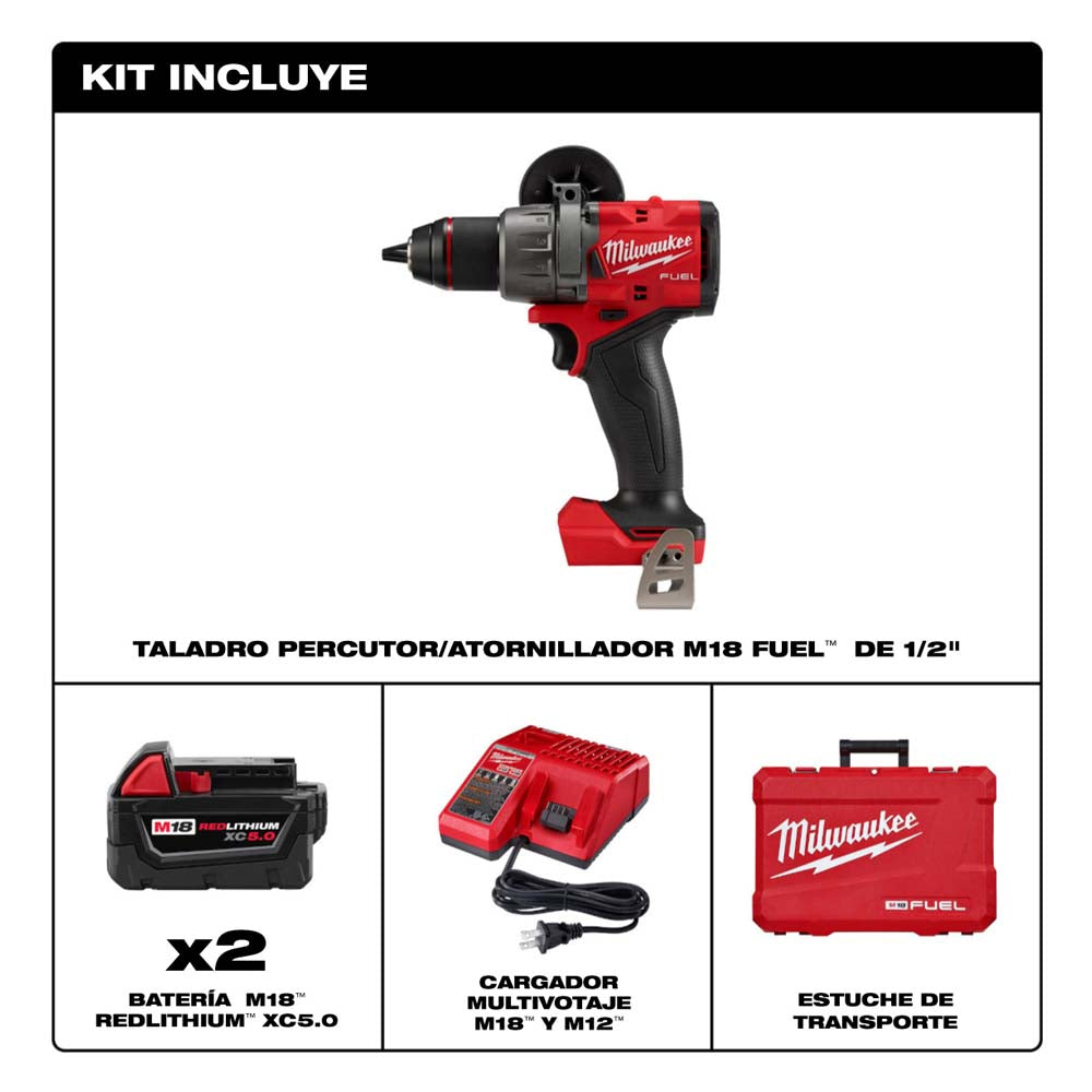KIT TALADRO PERCUTOR / DESTORNILLADOR 1/2" FUEL M18: 2 BATERIAS 18V. 5AMP M18 CARGADOR DE BATERIA MULTIPLE M12 Y M18 MANGO LATERAL ESTUCHE DE TRANSPORTE MILWAUKEE