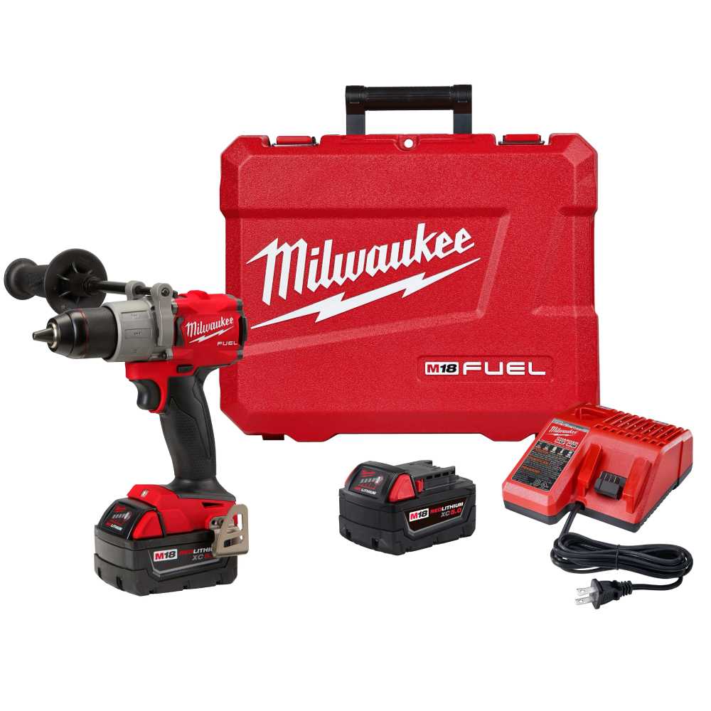 KIT TALADRO PERCUTOR / DESTORNILLADOR 1/2" FUEL M18: 2 BATERIAS 18V. 5AMP M18 CARGADOR DE BATERIA MULTIPLE M12 Y M18 MANGO LATERAL ESTUCHE DE TRANSPORTE MILWAUKEE