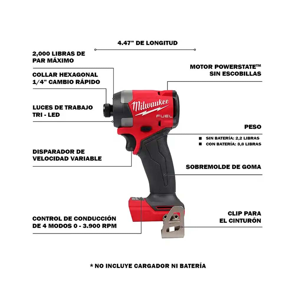 DESTONILLADOR DE IMPACTO HEXAGONAL DE 1/4" FUEL M18 (NO INCLUYE BATERIA SE RECOMIENDA 48111850) MILWAUKEE