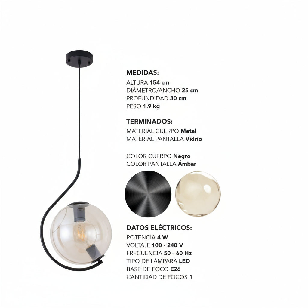 COLGANTE METAL-VIDRIO NEGRO-AMBAR FOCO E26 CLASS *** HA. LUMI ***
