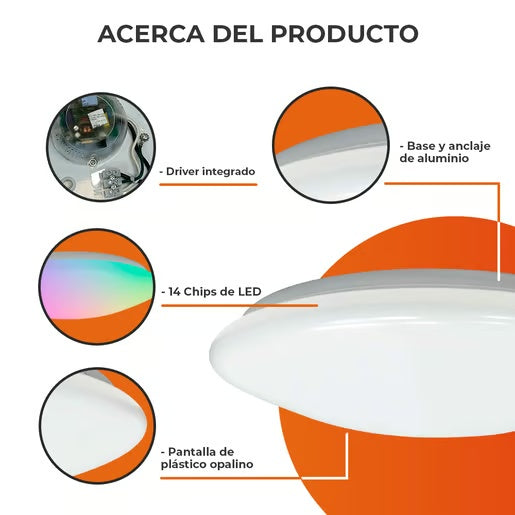 LAMPARA PLAFON LED INTELIGENTE WIFI 30W LUZ RGB + BLANCA ATENUABLE COMPATIBLE C/APP MOVIL Y ASISTENTES DE VOZ