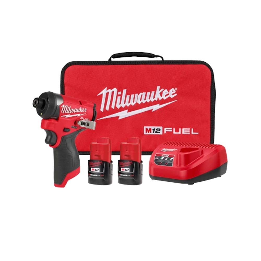 KIT DESTORNILLADOR DE IMPACTO HEXAGONAL 1/4" FUEL M12: 2 BATERIAS 12 VOLTS REDLITHIUM ION COMPACTA 2AMP M12 1 CARGADOR DE BATERIA M12 GANCHO PARA CINTURON BOLSO PARA CONTRATISTA MILWAUKEE
