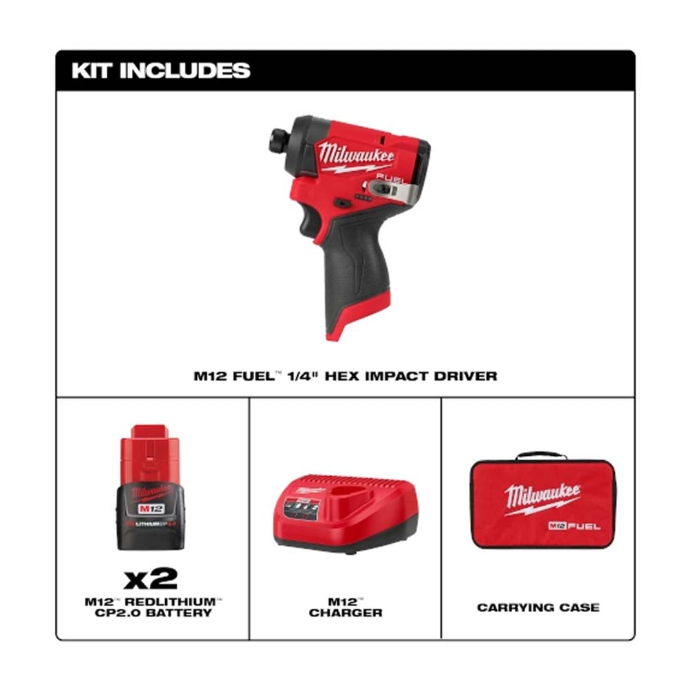 KIT DESTORNILLADOR DE IMPACTO HEXAGONAL 1/4" FUEL M12: 2 BATERIAS 12 VOLTS REDLITHIUM ION COMPACTA 2AMP M12 1 CARGADOR DE BATERIA M12 GANCHO PARA CINTURON BOLSO PARA CONTRATISTA MILWAUKEE