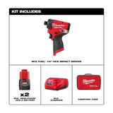 KIT DESTORNILLADOR DE IMPACTO HEXAGONAL 1/4" FUEL M12: 2 BATERIAS 12 VOLTS REDLITHIUM ION COMPACTA 2AMP M12 1 CARGADOR DE BATERIA M12 GANCHO PARA CINTURON BOLSO PARA CONTRATISTA MILWAUKEE