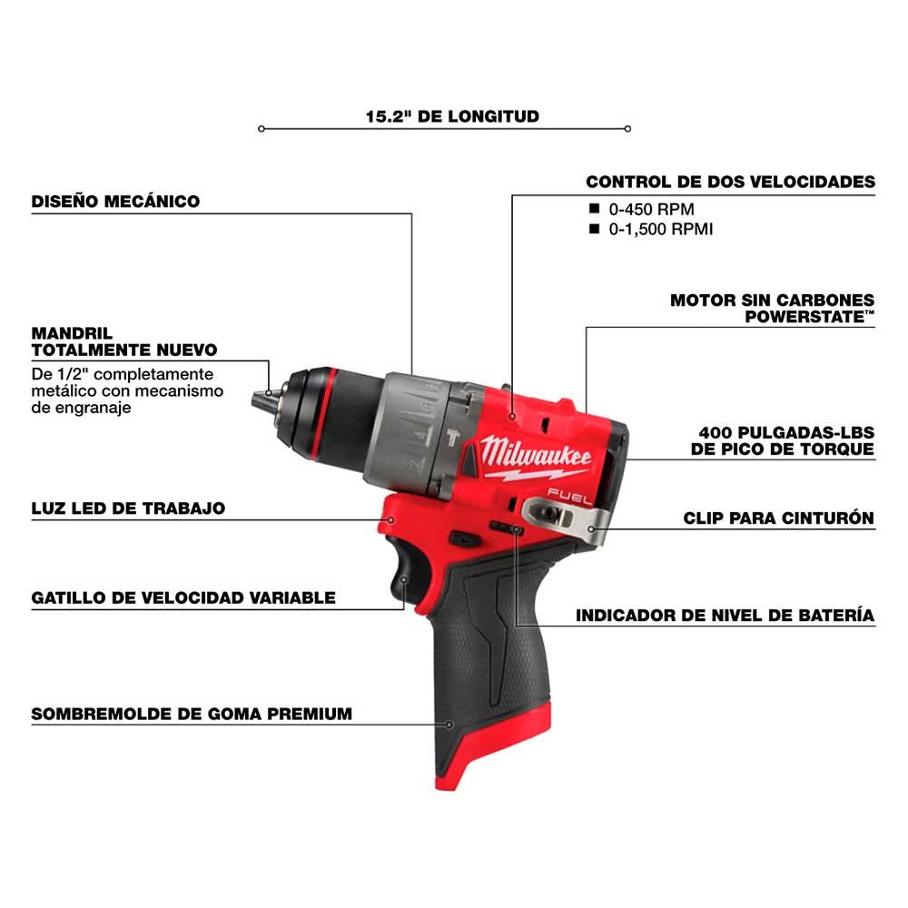 KIT COMBINADO 2 HERRAMIENTAS M12 FUEL: TALADRO DESTORNILLADOR PERCUTOR 1/2" DESTONILLADOR DE IMPACTO HEXAGONAL 1/4" BATERIA 12V. 2AMP M12 BATERIA 12V. XC 4AMP M12 CARGADOR DE BATERIA M12 MILWAUKEE