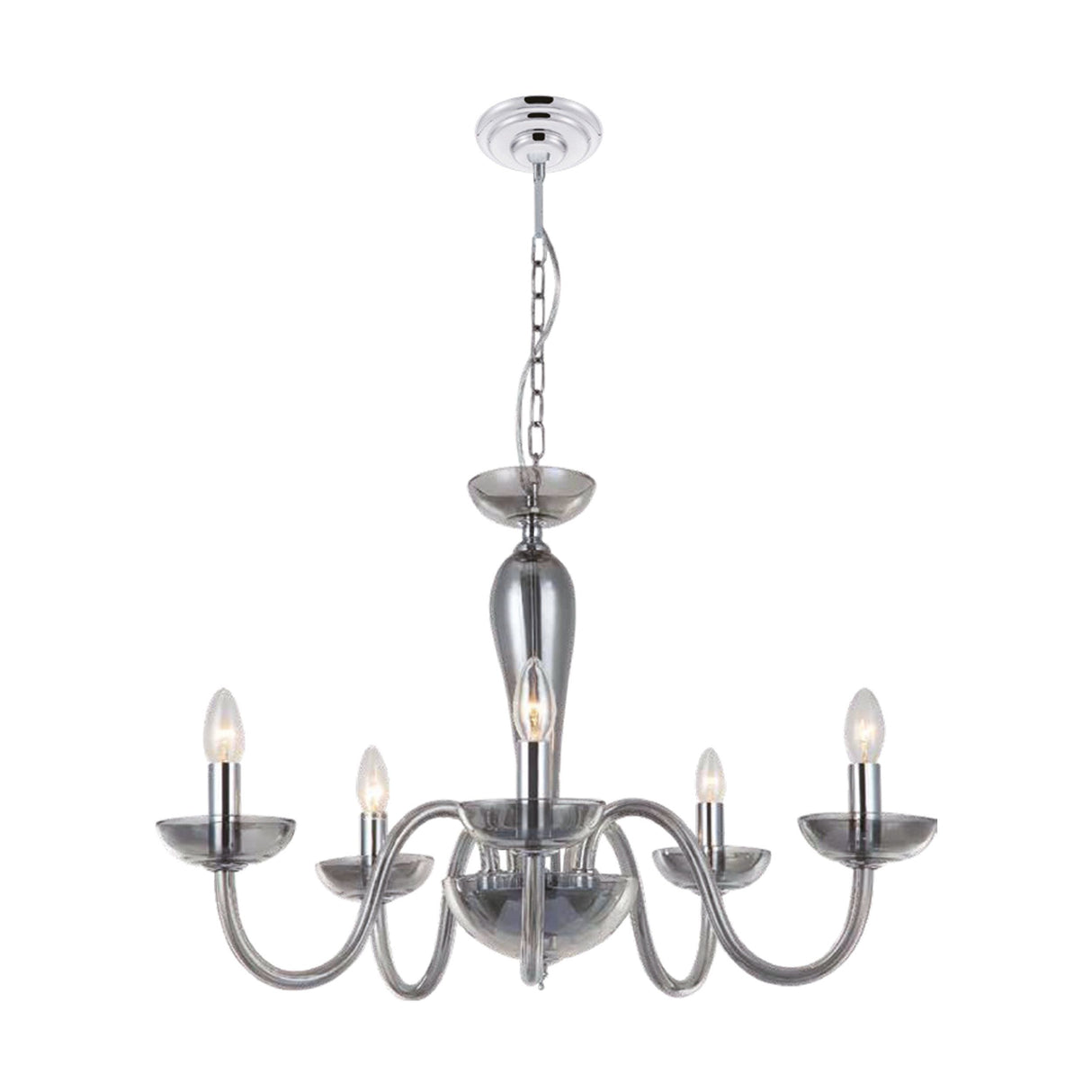 LUMINARIO COLG. 40W. 5 LUCES ACERO CROMO VIDRIO NEGRO TRANSP. E12 S/LAMP. 39117 FALCADO ***HAE 2024***