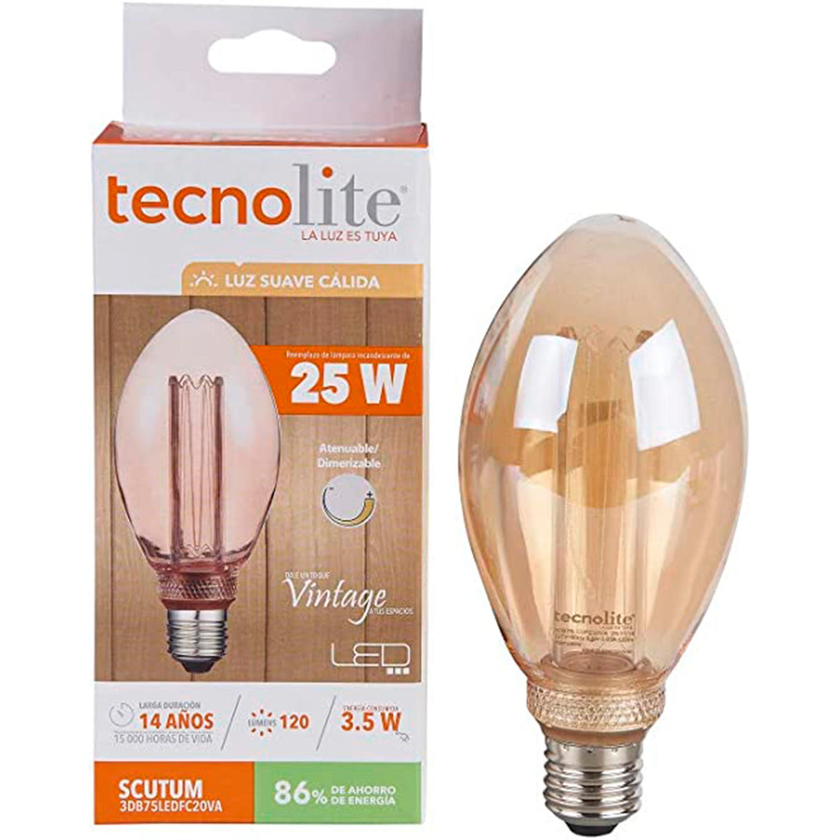 LAMP. LED 3.5W/127V. 60HZ CRISTAL AMBAR 2000K B.C. E27 ATENUABLE SCUTUM *** EXHIBIDO ***