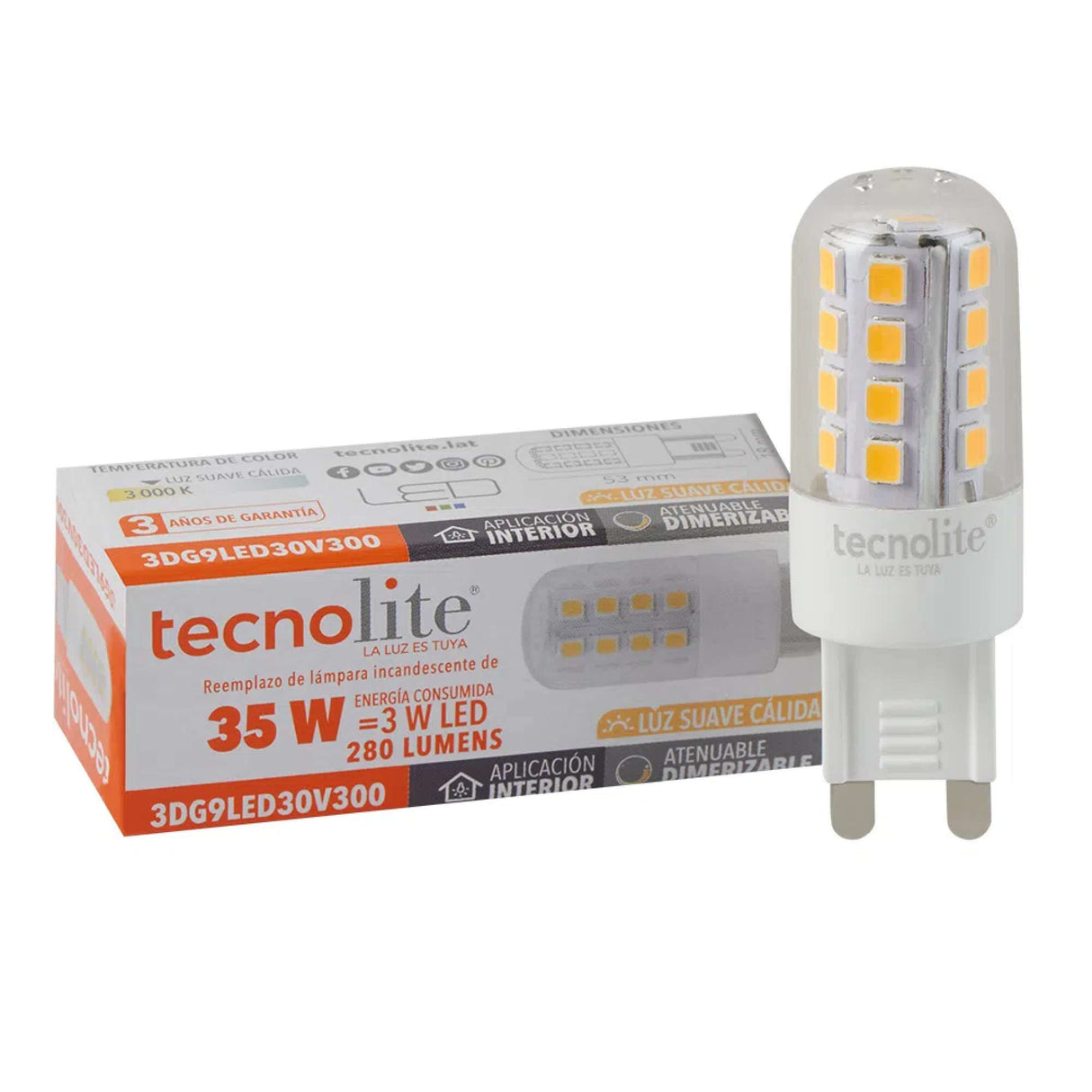 FOCO LED TECNOLITE IRIIUM II TIPO AMPOLLETA ATENUABLE 3W LUZ SUAVE CÁLIDA BASE G9