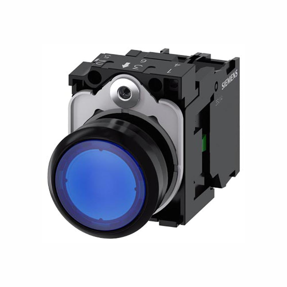 PULSADOR LUMINOSO 22 MM REDONDO PLÁSTICO AZUL BOTÓN RASANTE MOMENTÁNEO CON SOPORTE 1 NA MÓDULO DE LED CON LED INTGR. 24 V AC/DC 3SU11020AB501BA0 ANTECESOR 3SB32470AA51