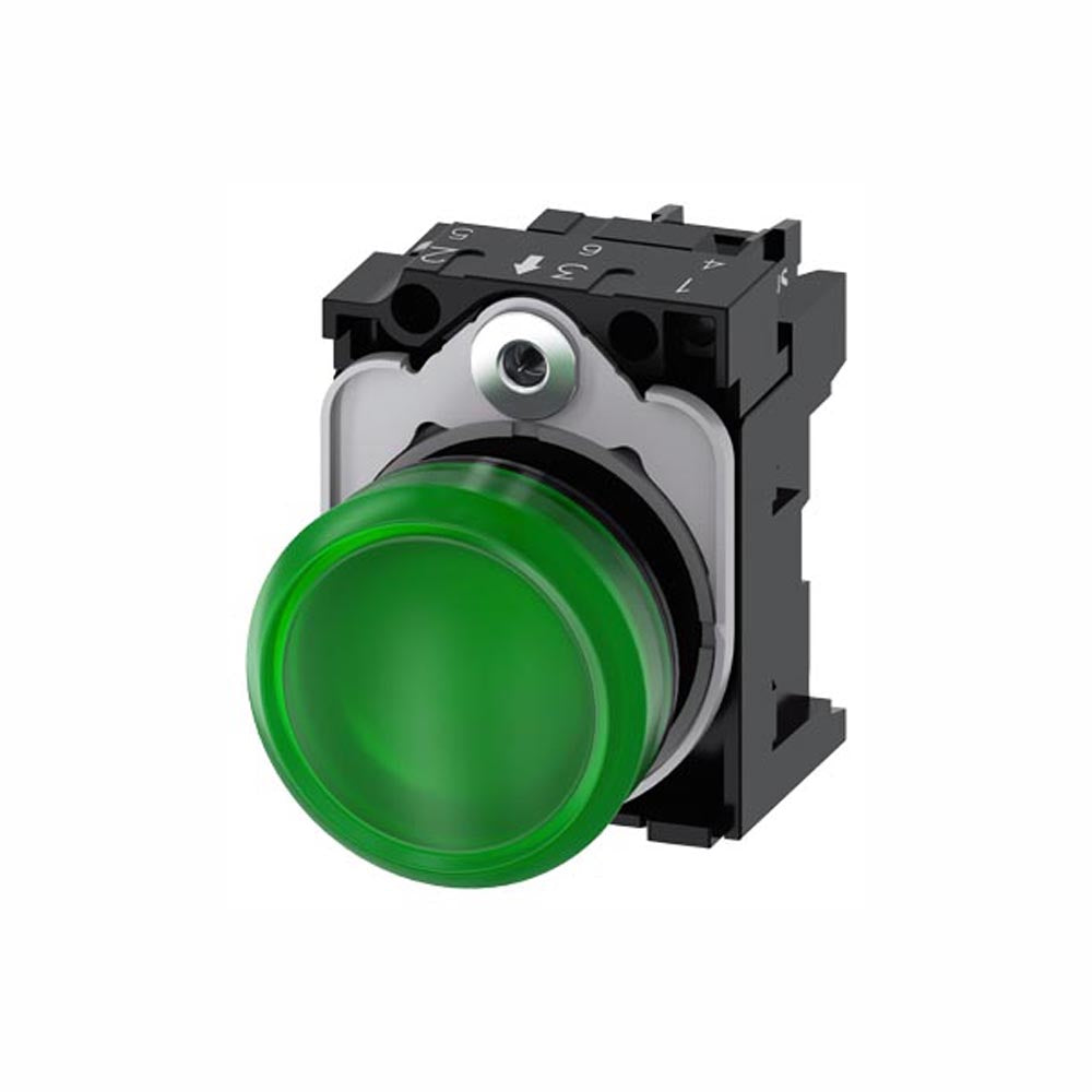 LÁMPARA DE SEÑALIZACIÓN 22 MM REDONDO PLÁSTICO VERDE LENTE LISO CON SOPORTE MÓDULO DE LED CON LED INTGR. 110 V AC 3SU11036AA401AA0 ANTECESOR 3SB32486BA40