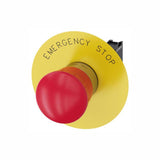 PULSADOR DE SETA DE PARADA DE EMERGENCIA 22 MM REDONDO METAL BRILLANTE ROJO 40 MM DESENCLAVAMIENTO POR GIRO CON PLACA DE FONDO AMARILLA INSCRIPCIÓN: PARADA DE EMERGENCIA CON SOPORTE 1 NC