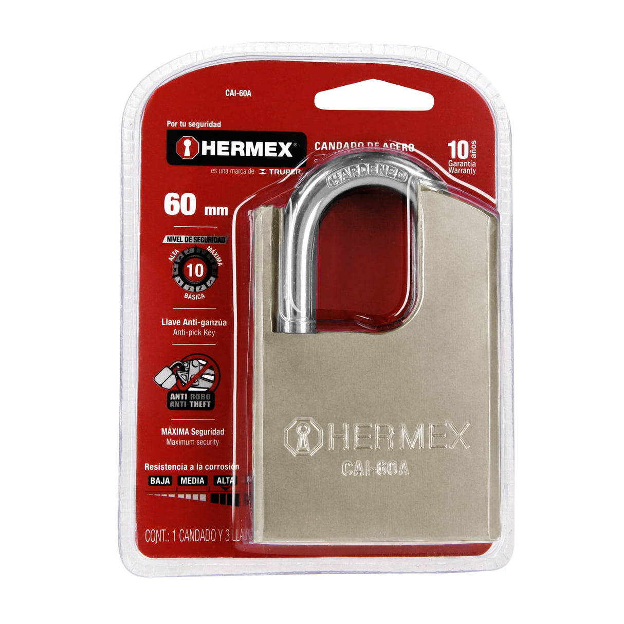 CANDADO ACERO MAXIMA SEGURIDAD 60X37X22X11MM. SEG. 10 LLAVE ANTIGANZUA CAI-60A 43335 TRUPER HERMEX