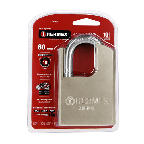 CANDADO ACERO MAXIMA SEGURIDAD 60X37X22X11MM. SEG. 10 LLAVE ANTIGANZUA CAI-60A 43335 TRUPER HERMEX