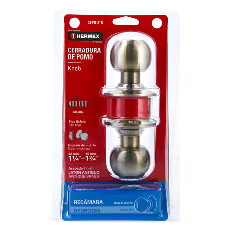 CERRADURA POMO LATON ANTIGUO ESFERA RECAMARA MCA TRUPER HERMEX