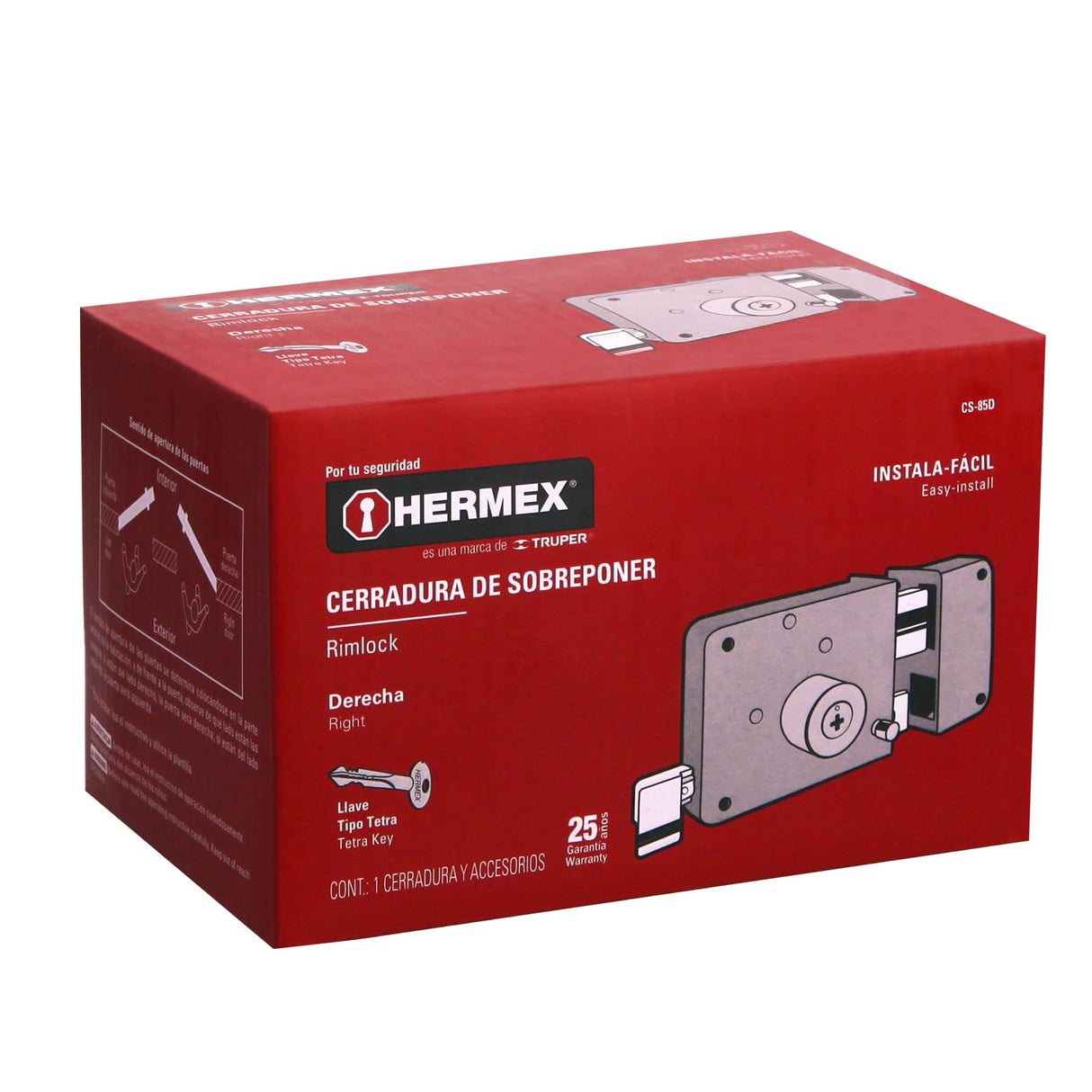 CERRADURA DE SOBREPONER CLASICA INSTALA-FACIL TETRA DERECHA MCA TRUPER HERMEX *** SIMILAR 43576 ***