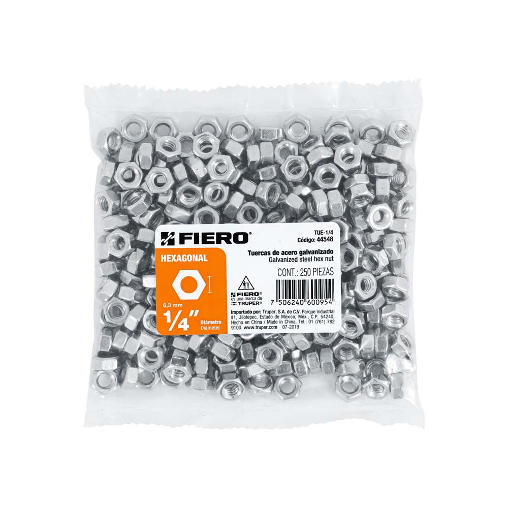 TUERCA DE ACERO GALVANIZADO HEXAGONAL DE 1/4" TRUPER FIERO ***BOLSA 250 PZAS***