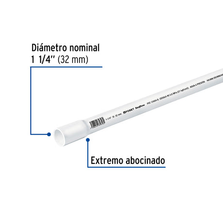 TUBO DE PVC HIDRAULICO CEDULA 40 1-1/4" TRAMO 3M FOSET