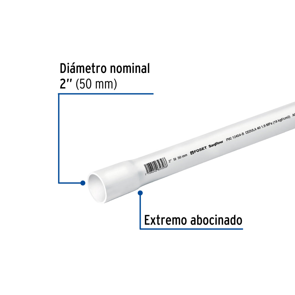 TUBO DE PVC HIDRAULICO CEDULA 40 2" TRAMO 3M FOSET