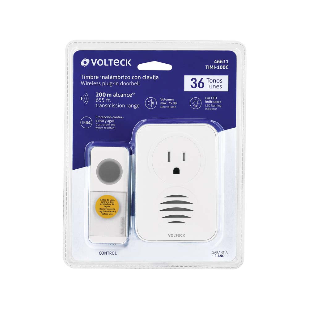 TIMBRE INALAMBRICO CON RECEPTOR 15A/127V. PARA ENCHUFAR 1 TONO 1 CONTROL 100MTS. 62-78DB TIMI-100C 46631 TRUPER