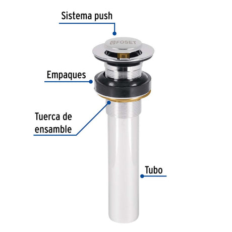 CONTRA P/LAVABO SIN REBOSADERO SISTEMA PUSH CROMO 1-1/4" MCA TRUPER FOSET