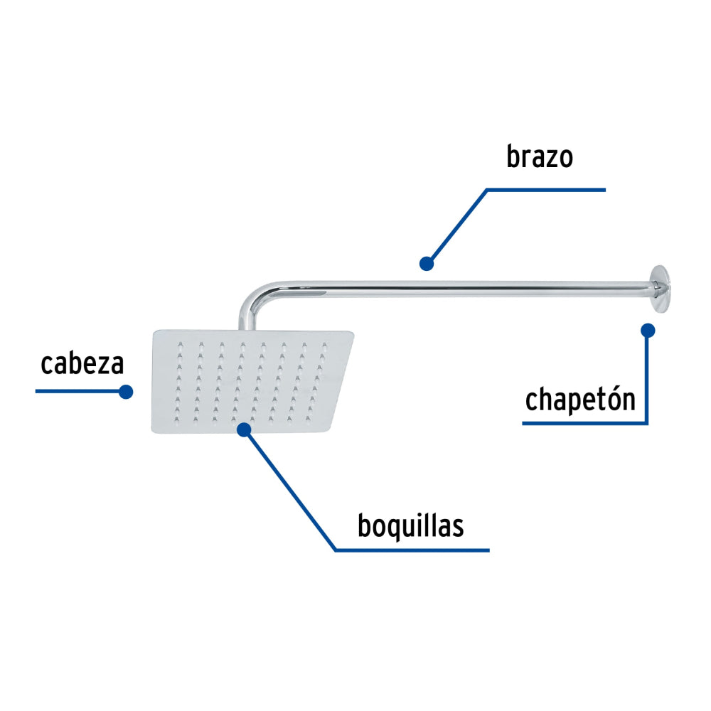 REGADERA CUADRADA 8" ACERO INOX CON BRAZO CROMO FOSET TUBIG