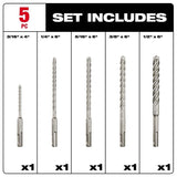 JUEGO DE  5 BROCAS PARA CONCRETO Y ACERO (SOLO VARILLA) C/PUNTA DE CARBURO: BROCA DE 3/16" X 4" BROCA DE 1/4" X 6" BROCA DE 5/16" X 6" BROCA DE 3/8 X6" BROCA DE 1/2" X 6" MILWAUKEE