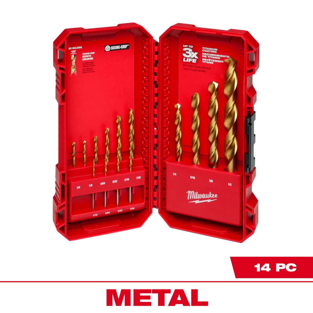 JUEGO DE 14 BROCAS PARA METAL MADERA Y PVC THUNDERBOLT ACABADO TITANIO: BROCAS 9/64" 7/64" 7/32" 5/64" 5/32" 5/16" 3/8" 3/32" 3/16"1/8" 1/4"1/2" Y 1/16" MILWAUKEE