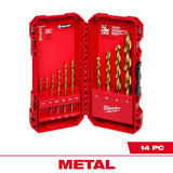 JUEGO DE 14 BROCAS PARA METAL MADERA Y PVC THUNDERBOLT ACABADO TITANIO: BROCAS 9/64" 7/64" 7/32" 5/64" 5/32" 5/16" 3/8" 3/32" 3/16"1/8" 1/4"1/2" Y 1/16" MILWAUKEE